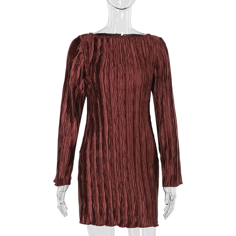 Elegant Textured Ruched Long Sleeve Dress For Women Fashion Solid Mini Dress Female Club Party Outfits Autumn 2025 NewChristmas Gifts