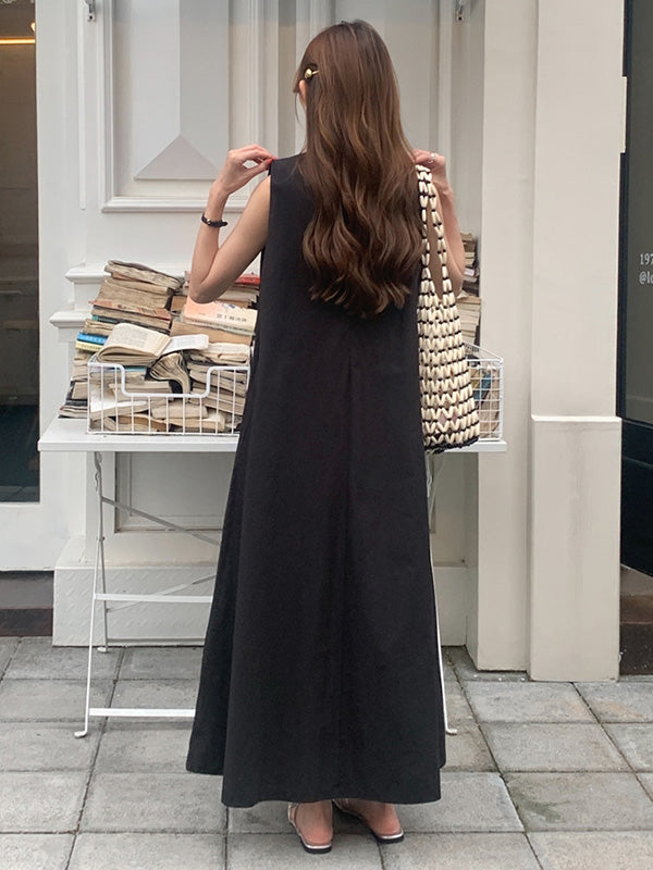 Solid Color Loose Sleeveless V-Neck Midi Dresses