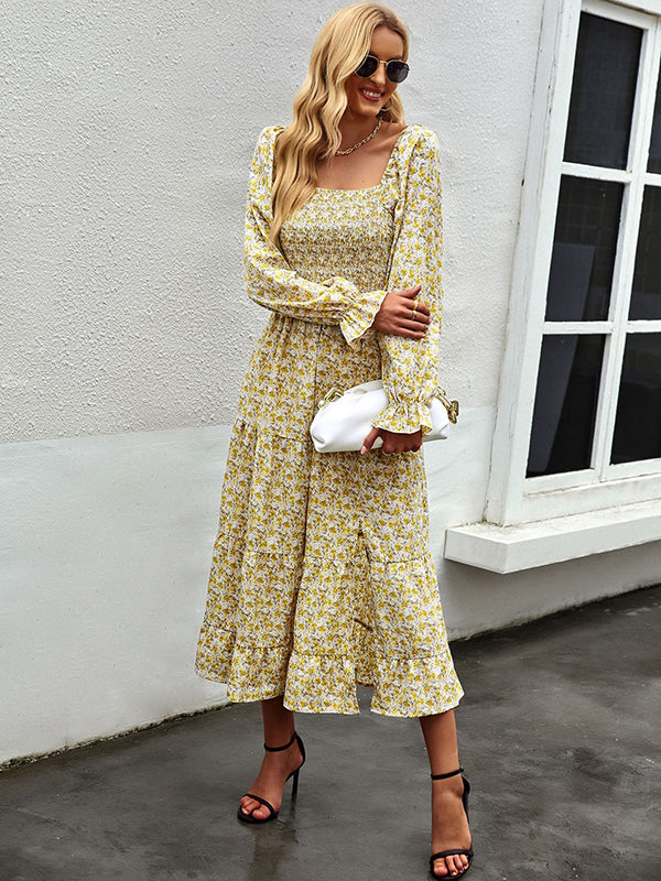 Bohemia Long Sleeves Floral Printed U-Neck Dress