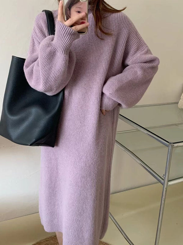 Solid Color Long Sleeves Loose High Neck Sweater Dresses Midi Dresses