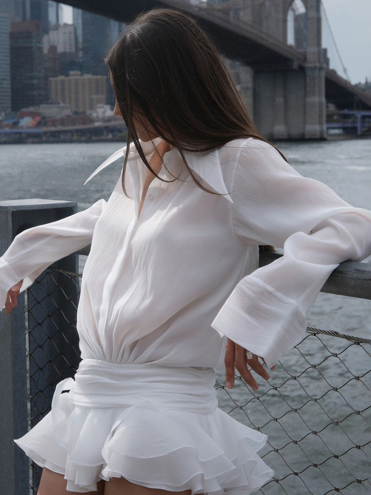 White Chiffon Mini Dress For Women Casual Loose Oversized Pleated Mini Dress See-through Summer Beach Elegant Shirt DressChristmas Gifts