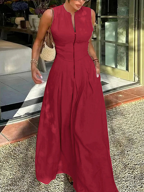 Pleated Pockets Split-Joint Zipper A-line Loose Round-neck Maxi Dresses