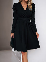 Puff Sleeves Skinny Pleated Solid Color Split-Joint V-Neck Midi Dresses