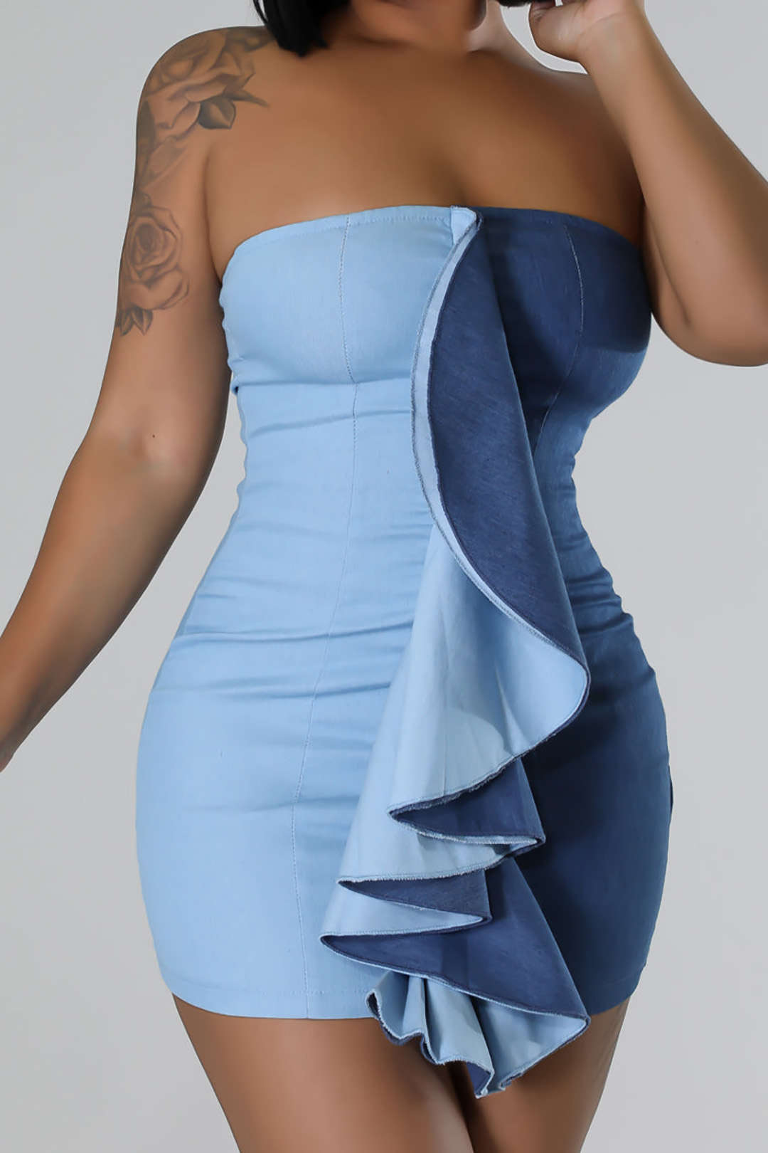 Patchwork Denim Ruffle Strapless Mini Dress