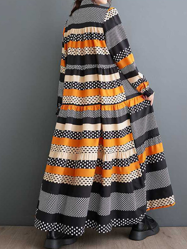 Buttoned Polka-Dot Split-Joint A-Line Long Sleeves Round-Neck Midi Dresses