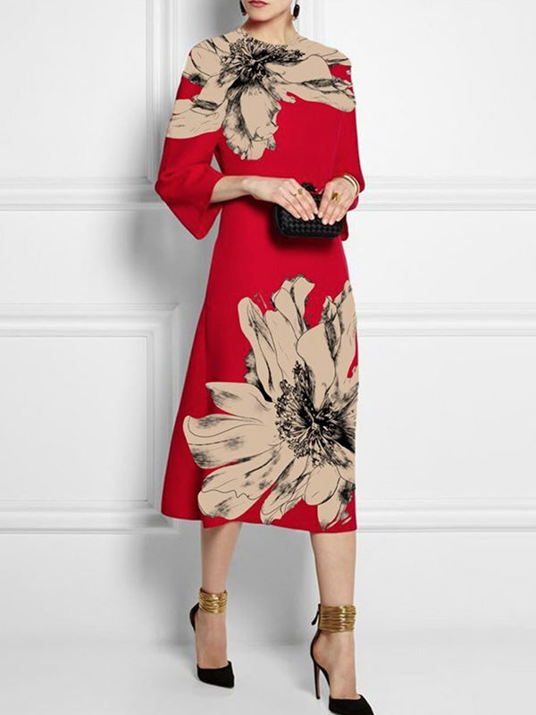 Loose Three-Quarter Sleeves Contrast Color Flower Print Round-Neck Midi Dresses