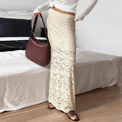 Elegant Lace See-through Long Skirt Women's Sexy Patchwork Skirt Solid Casual Loose High Waist Slim Retro Long Skirt Y2k