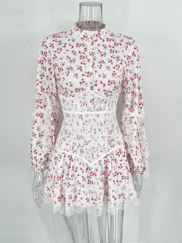 V-Neck Printed Mini Lace Dress Female Ruffled Fashion High Waist Long Sleeve Splice Contrast Slim Fit Bandage Party DressChristmas Gifts