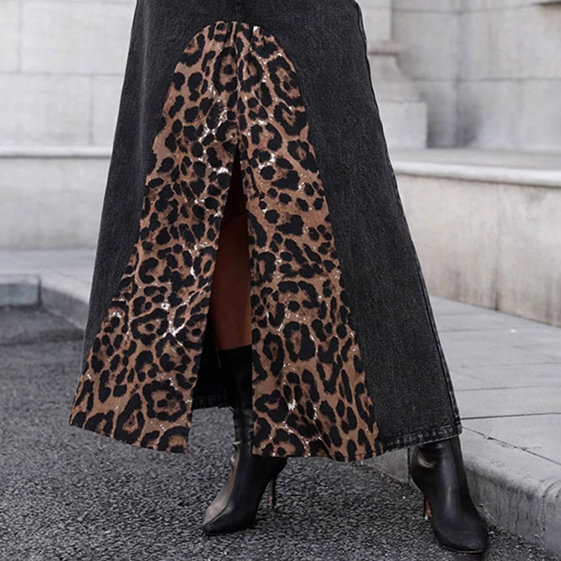 Leopard Splice Denim Rock Für Frauen Herbst Neue Streetwear Vielseitig Midi Rock Hohe Taille Slit Print Lady Fashion Rock 