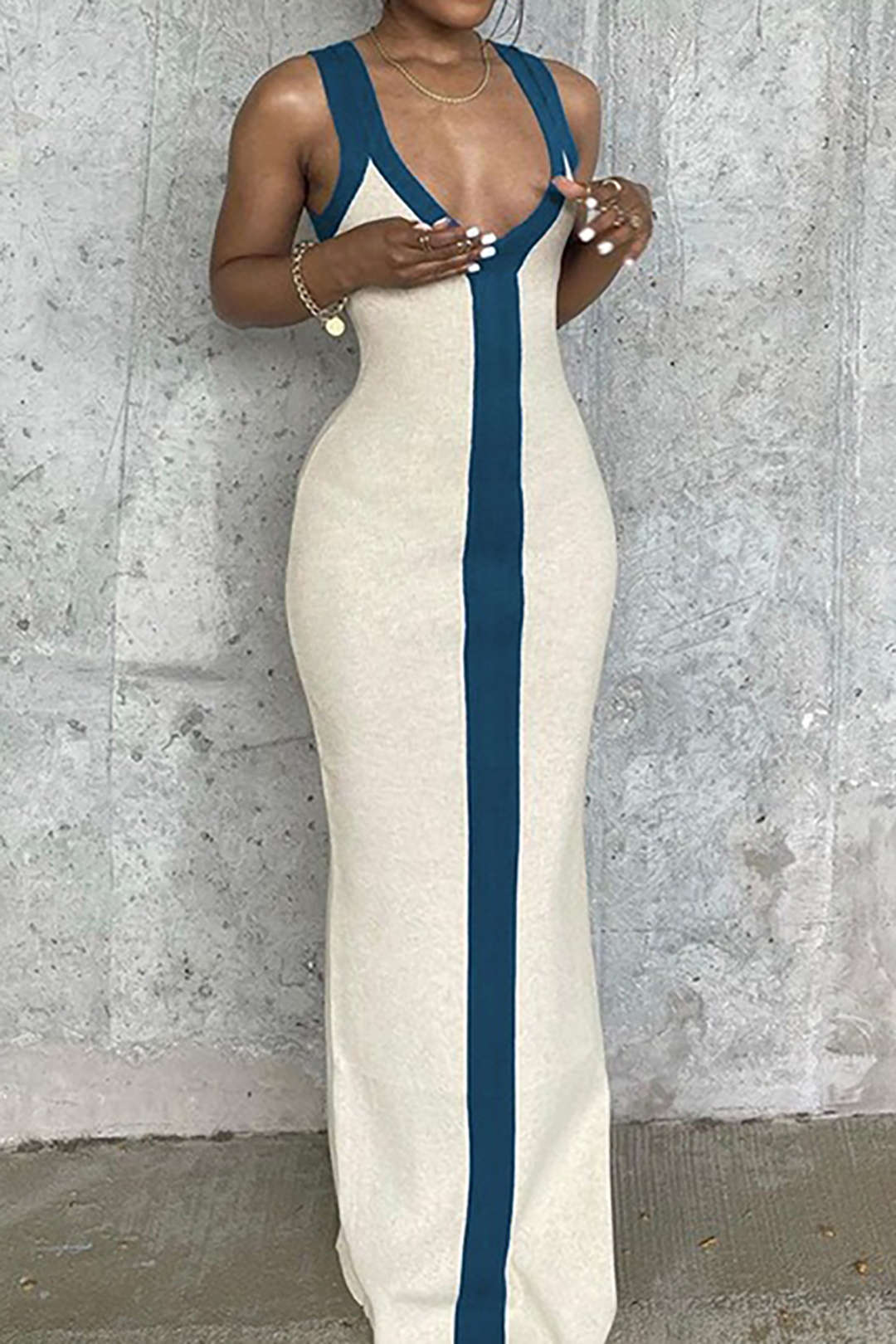 Colorblock V-neck Knit Split Maxi Dress