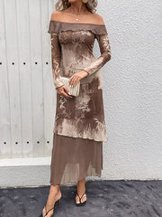 Long Sleeves Double Layered Ruffle Trim See-Through Off-The-Shoulder Midi Dresses