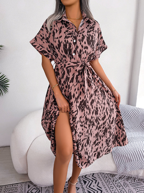 Loose Short Sleeves Leopard Ribbed Lapel Midi Dresses