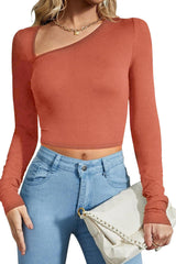 Asymmetrical Neckline Ribbed Long Sleeve Top