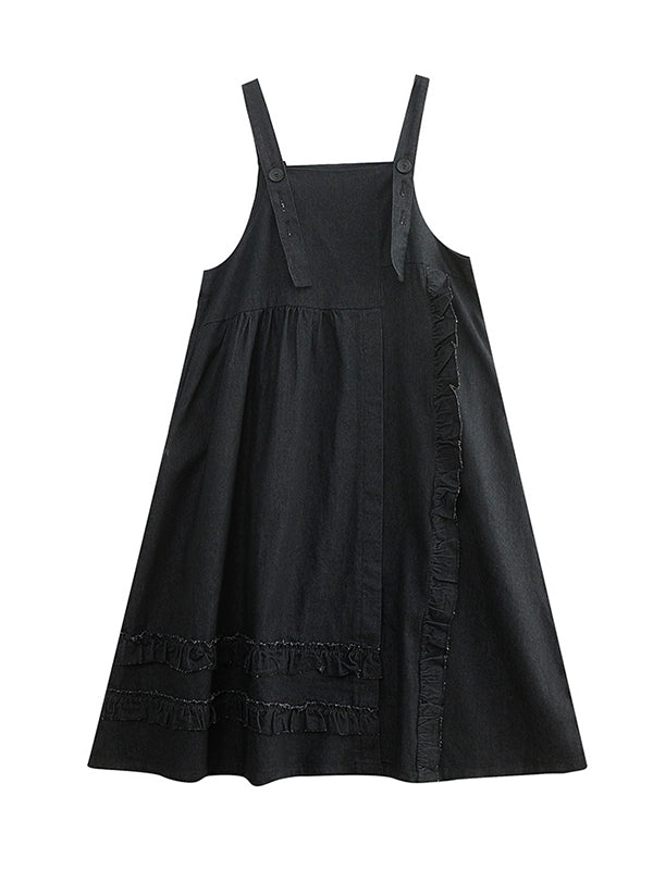 Oversize Loose Falbala Solid Color Denim Midi Dresses