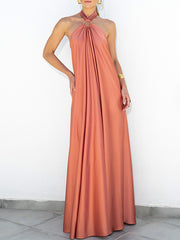 Backless Solid Color Tied A-Line Loose Halter-Neck Maxi Dresses