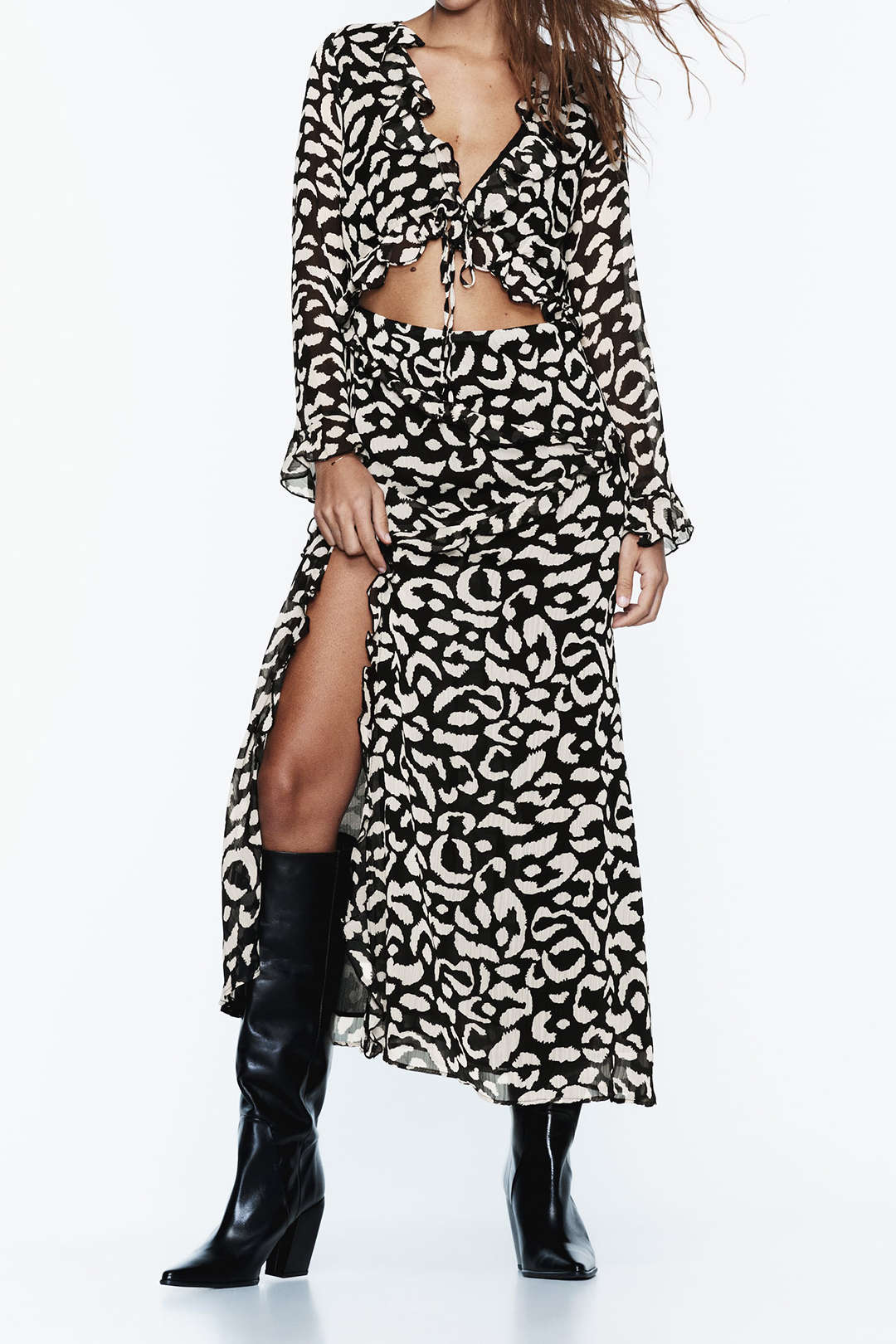 Printed V-neck Tie Front Cut Out Slit Midi Dress