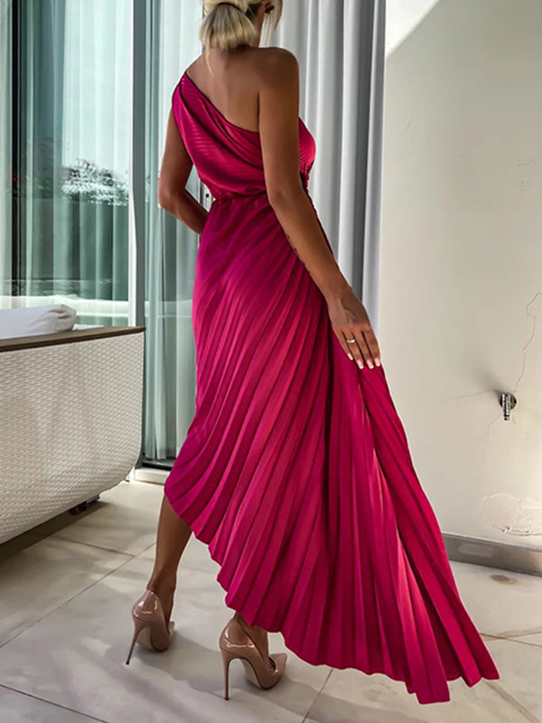 Solid Color Off-The-Shoulder Sleeveless Flower Asymmetric Pleated Maxi Dresses