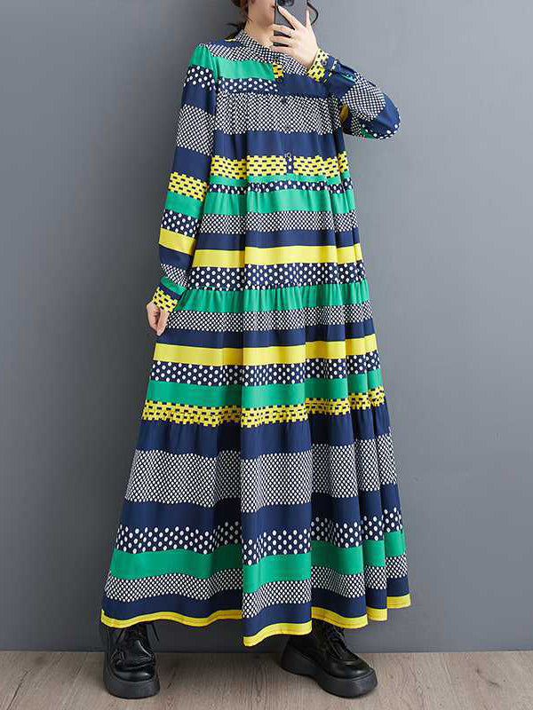 Buttoned Polka-Dot Split-Joint A-Line Long Sleeves Round-Neck Midi Dresses