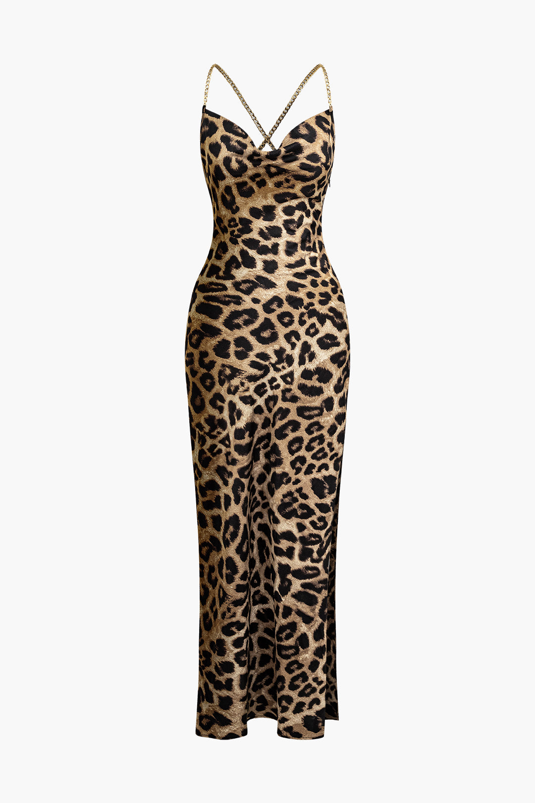 Maxikleid mit Leopardenmuster, gekreuzten Ketten, Wasserfallausschnitt und Schlitz 