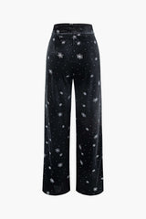 High Waist Velvet Snowflake Pattern Straight Leg Pants