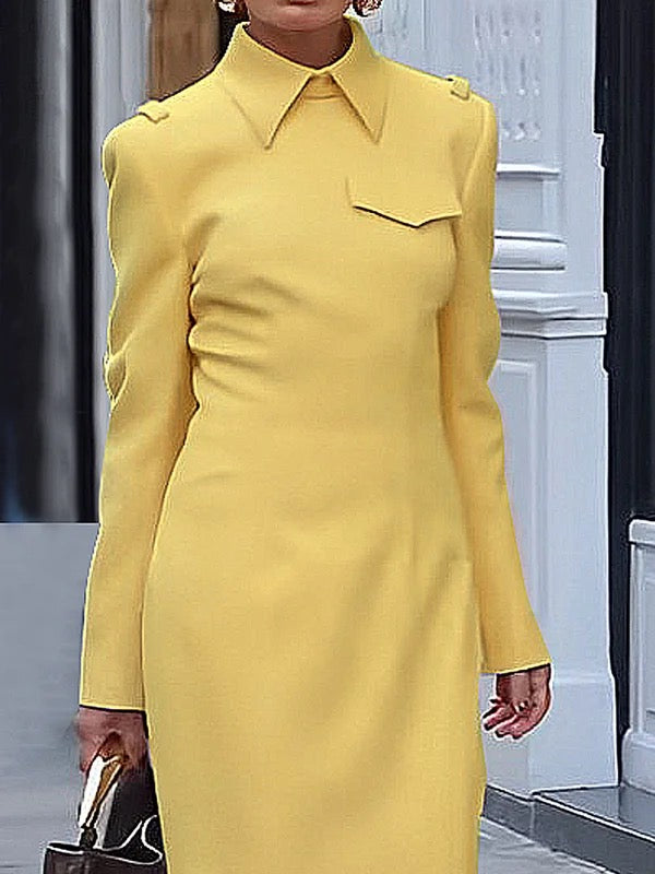 Long Sleeves Loose Solid Color Split-Joint Lapel Maxi Dresses