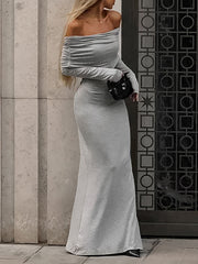Long Sleeves Skinny Pleated Solid Color Split-Joint Off-The-Shoulder Evening Dresses Maxi Dresses