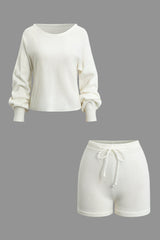 Solid Balloon Sleeve Sweater And Drawstring Knit Shorts Set