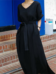 A-Line Loose Hollow Solid Color Split-Side Tied Waist V-Neck Midi Dresses