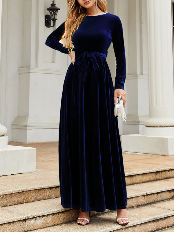 Belted Pleated Solid Color Zipper Long Sleeves Wrap Round-Neck Maxi Dresses
