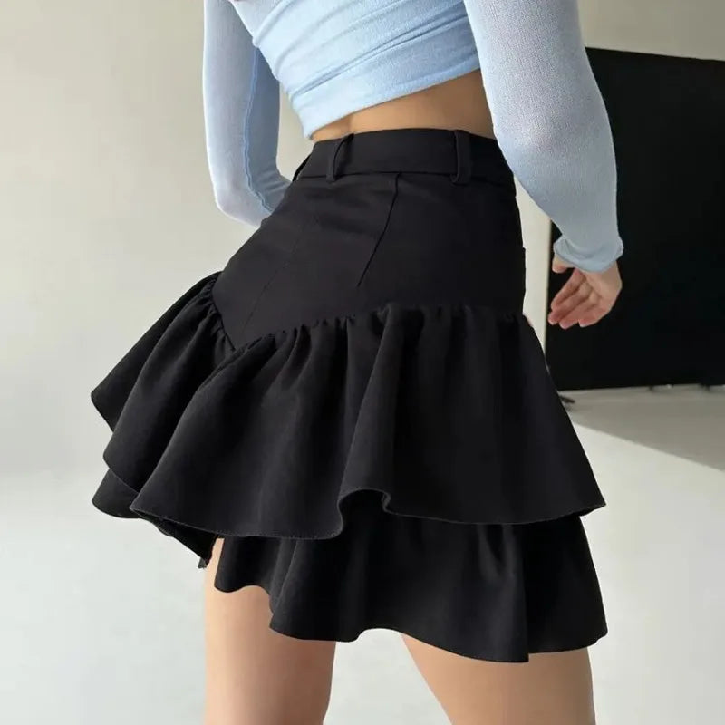 Ruffles Slim Shorts Skirts Women Black Temperament High Waist Skirt Femme Street Casual Folds Splice Elegant Skirt LadiesChristmas Gifts