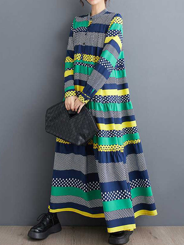 Buttoned Polka-Dot Split-Joint A-Line Long Sleeves Round-Neck Midi Dresses