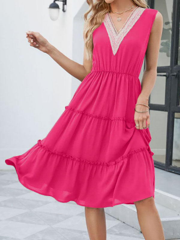 A-Line High Waisted Elasticity Pleated Split-Joint V-Neck Midi Dresses