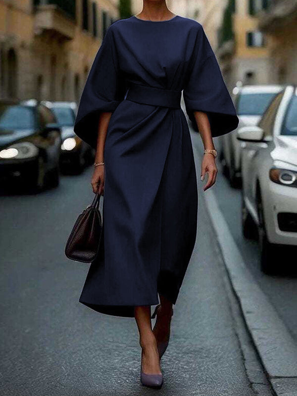 Pleated Solid Color Split-Joint Loose Puff Sleeves Round-neck Midi Dresses