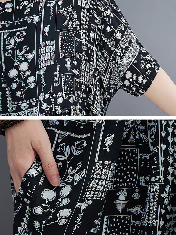 Vacation Loose Short Sleeves Floral Printed Contrast Color Round-Neck Midi Dresses