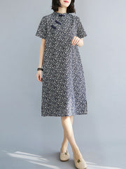 Artistic Retro Floral Printed Stand Collar Short Sleeves Cheongsam Midi Dress