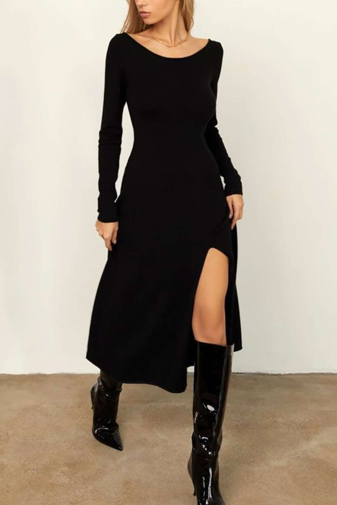 Solid Round Neck Slit Long Sleeve Sweater Dress