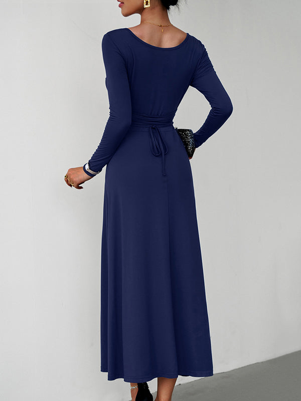 A-Line High Waisted Solid Color Tied Waist U-Neck Midi Dresses