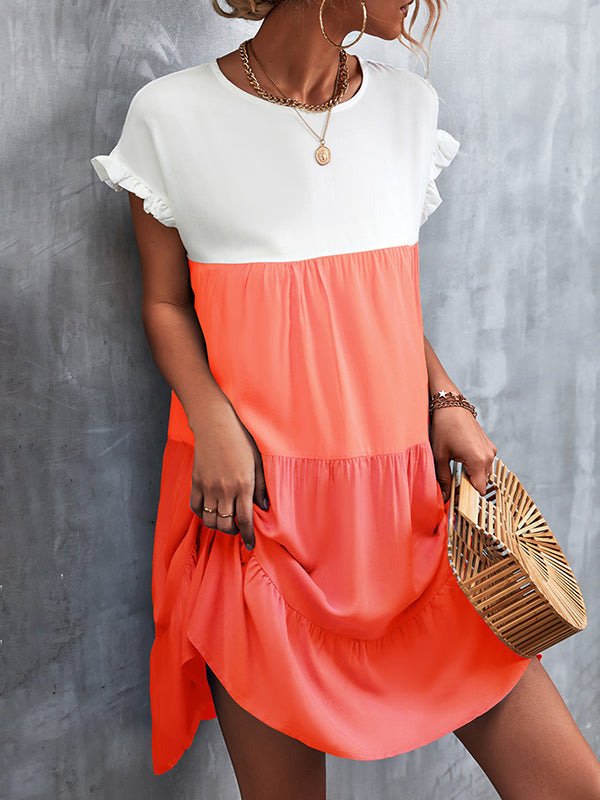 Contrast Color Falbala Pleated Split-Joint Loose Ruffle Sleeves Round-Neck Mini Dresses