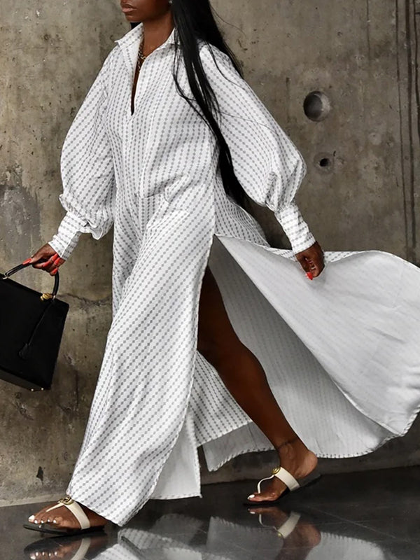 Long Sleeves Loose Buttoned Split-Side Striped Lapel Maxi Dresses Shirt Dress