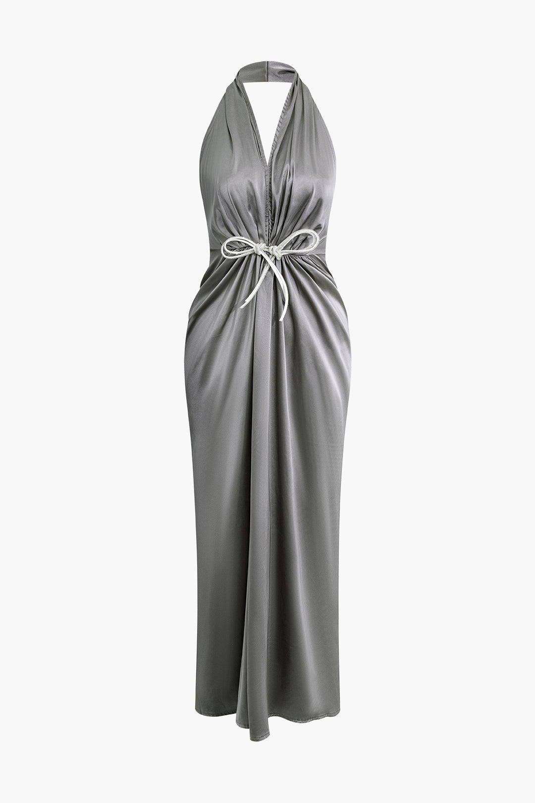 Rückenfreies Neckholder-Maxikleid aus Satin mit V-Ausschnitt und Rüschen und Schleife 
