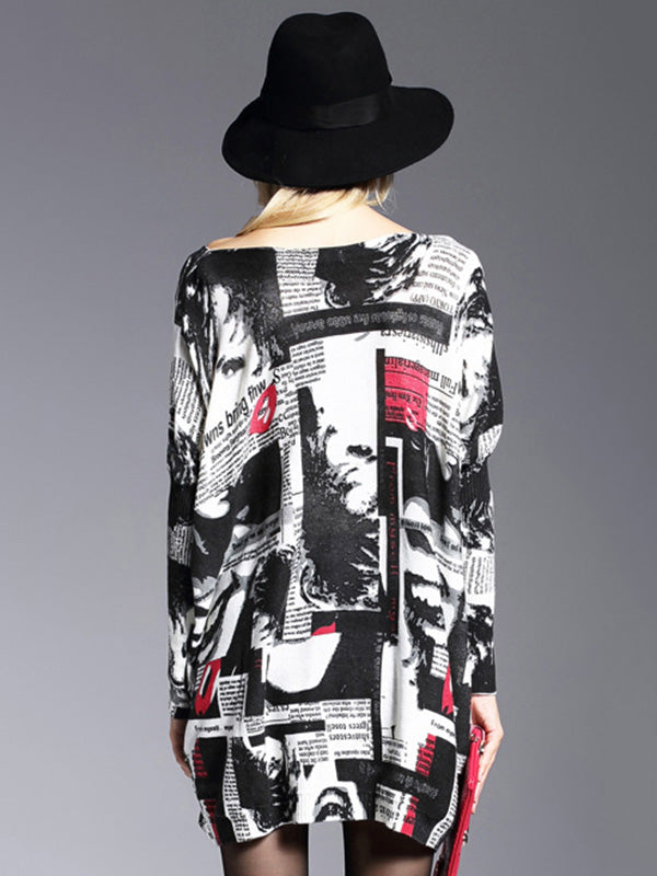 Urban Loose One-Shoulder Printed Split-Joint Sweater
