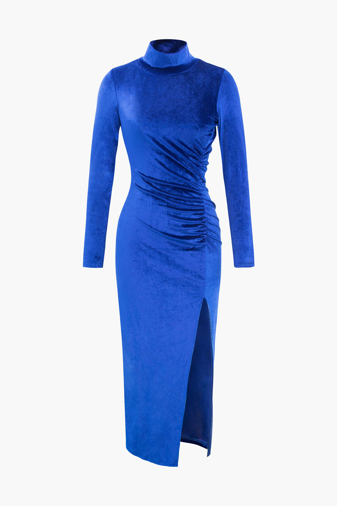 Mock Neck Velvet Ruched Slit Midi Dress