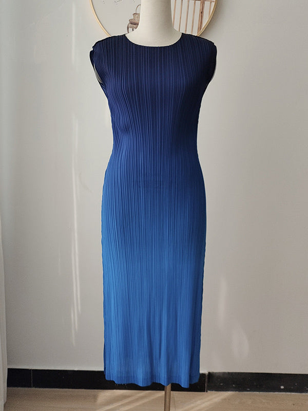 Gradient Pleated Split-Side Loose Sleeveless Round-Neck Midi Dresses