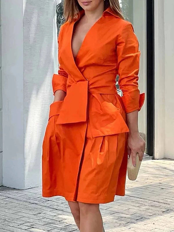 Long Sleeves Solid Color Tied Waist Deep V-Neck Mini Dresses
