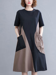 Original Loose Split-Joint Contrast Color Midi Dress