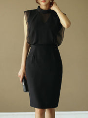 Gauze Hollow See-Through Split-Joint Zipper Loose Sleeveless Stand Collar Midi Dresses Evening Dresses