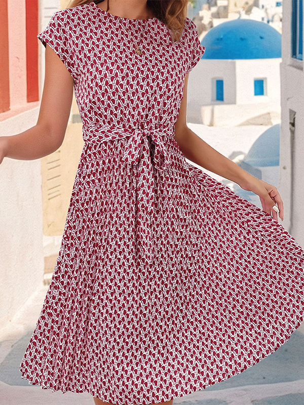 Printed Tied Waist Loose Raglan Sleeve Round-Neck Midi Dresses