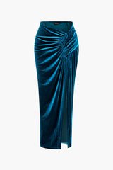 Velvet Ruched Slit Maxi Skirt