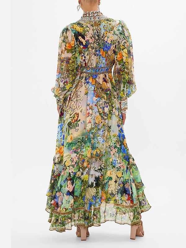 Floral Printed Long Sleeves Ruffled Elegant Maxi Dresses