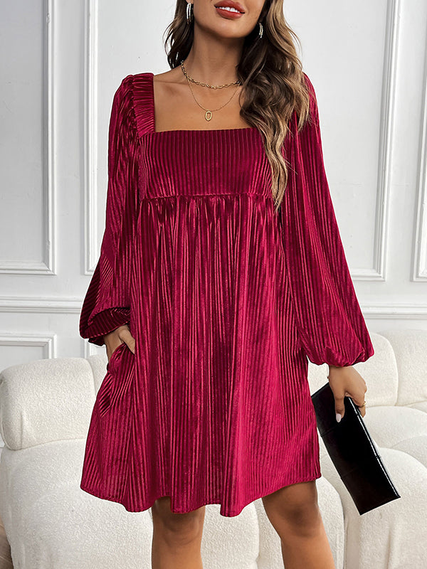 A-Line Long Sleeves Pleated Shiny Solid Color Tied Velvet Square-Neck Mini Dresses
